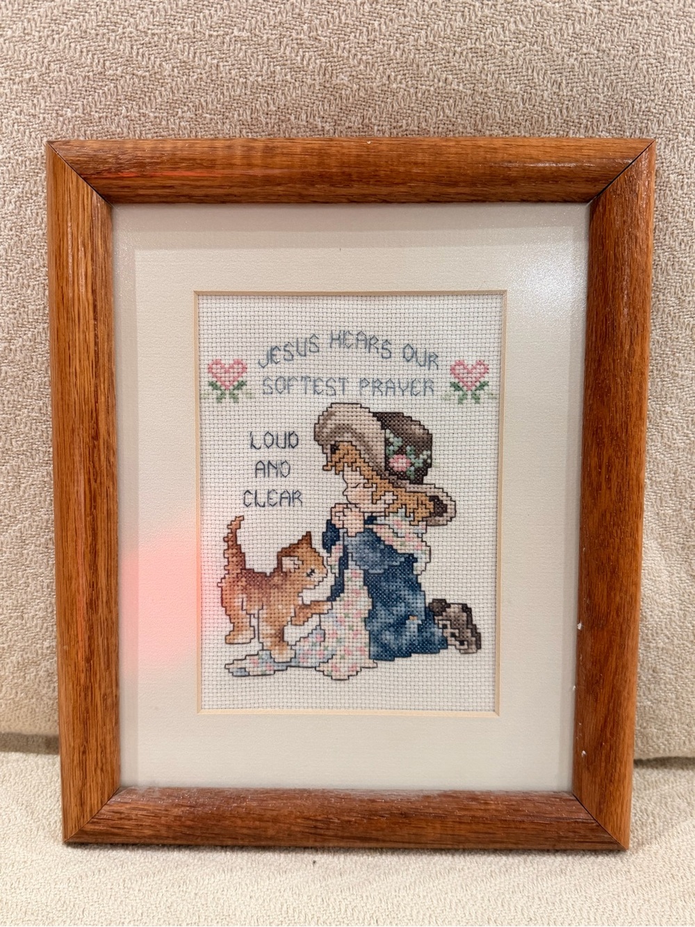 VintageFramed Cross-Stitch Art in Brown Wood Frame - Inspirational Prayer Design